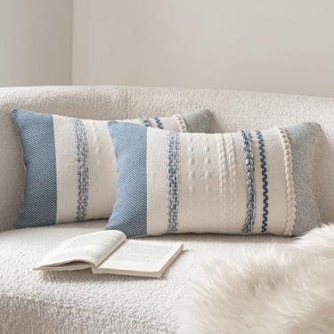 Imagem de Cethom Conjunto de 2 capas de almofada Boho 30,5 x 50,8 cm, com textura azul para decoração de casa de fazenda, capa de almofada com destaque para sofá, cama, sala de estar, quarto