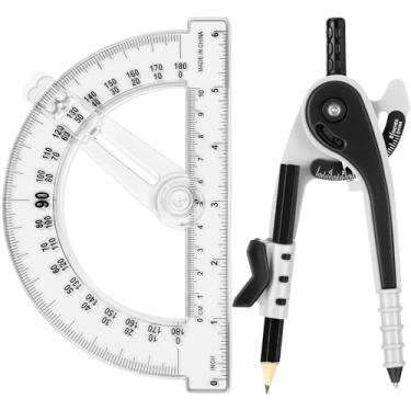 Imagem de Zonon Conjunto de bússola e transferidor de geometria estudantil, bússola de desenho e transferidores de braço oscilante transparente de 15 cm transferidor de matemática de 180 graus (preto)