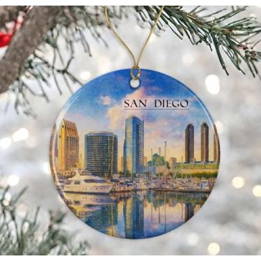 Imagem de Ornamento de aquarela San Diego Califórnia EUA - Lembrança de Natal de cerâmica - Aniversário de lua de mel - Lembrança de viagem - Presente de inauguração de casa - presente para amantes de San Diego