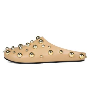 Imagem de CAGLGLZ Pantufas planas femininas brilhantes metálicas, fechadas, bico redondo, de couro, sem costas, confortável, tamanco, sapatos modernos, casuais, Caqui, 36