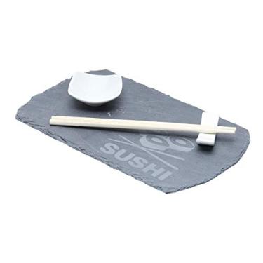 Imagem de Conjunto Bandeja De Ardósia C/par De Hashi E Suporte De Bambu E Molheira De Cerâmica 30x18cm Lyor Amadeirado, Cinza E Branco Único