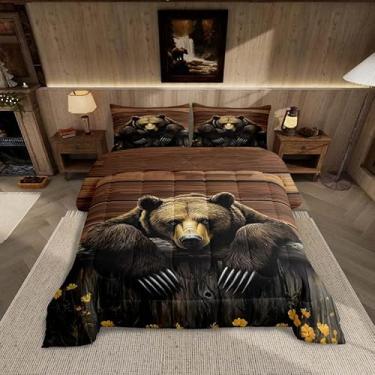 Imagem de Feelyou Conjunto de edredom infantil com urso, cabana rústica, campestre de madeira para meninos e meninas, 1 edredom + 2 fronhas, marrom e amarelo