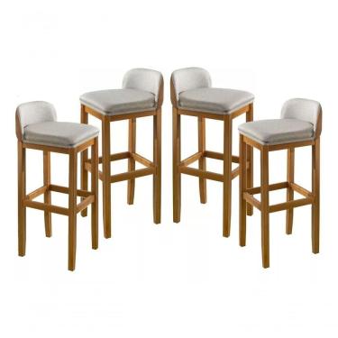 Imagem de Kit 4 Banquetas Exclusiva Premium Linha Alta Assento Encosto Linho Almofadado Pé Madeira Maciça Retro