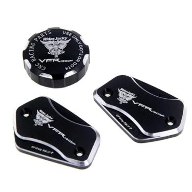 Imagem de Riderjacky Para Honda VFR1200F/ FD 2010 2011 2012 2013 2014 VFR1200 F Tampa da tampa do reservatório de fluido do cilindro dos freios dianteiros e da embreagem e freios traseiros (preta com logotipo)
