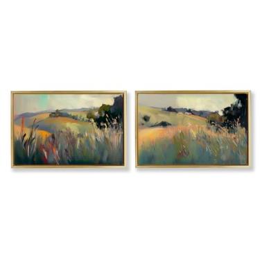 Imagem de Stupell Industries Conjunto de tela flutuante com moldura dourada de 2 peças Tranquil Plains Hillside por Elara Yasna, 21 x 31