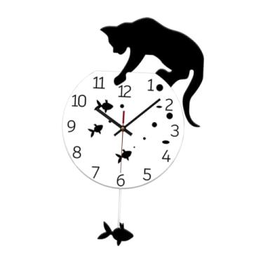 Imagem de IEUDNS Relógio de parede para quarto infantil, relógio de acrílico pendurado, fofo para crianças, pêndulo, gato e peixes, para decoração de parede de quarto, 24cmx40cm