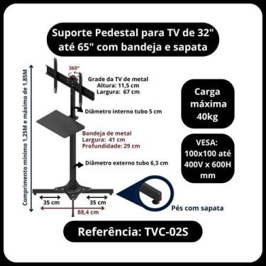 Imagem de Pedestal para tv 32 a 65 com bandeja e rodízios - Avatron
