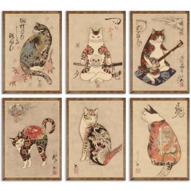 Imagem de 6 peças de impressões de arte de parede de gato samurai japonês de pôsteres decoração de bushido japonês pinturas de Kung Fu tatuagem engraçada fantasia foto imagem em tela pintura para sala de estar