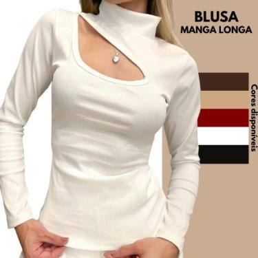 Imagem de Blusa Feminina Manga Longa Gola Alta Decote Recorte Tecido Canelado Fl