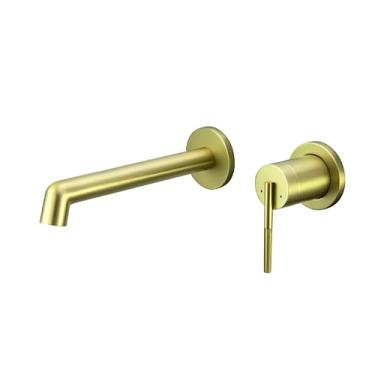 Imagem de Torneira de banheiro de montagem na parede - ouro escovado, torneira de latão de alça única com alavanca serrilhada de válvula áspera, design minimalista moderno