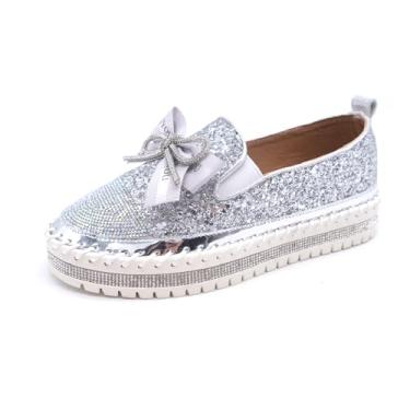 Imagem de SUGURETA Tênis Femininos Casuais Com Strass E Plataforma, Calçados Para Caminhada, Mocassins Laço Glitter, Cor Prata, Tamanho 40