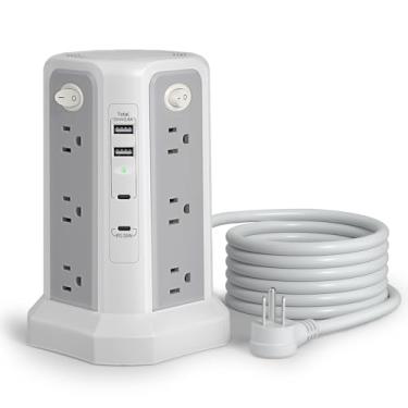 Imagem de PASSUS Cabo de extensão longo de 10 pés, 1625 W 13 A, múltiplas tomadas protetor sobretensão torre de tira de alimentação 4 portas USB (2 USB C), tomada plana 1800J proteção contra sobrecarga