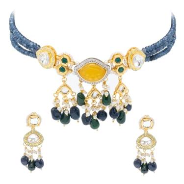 Imagem de Bodha Kundan multicolorido banhado a ouro, colar gargantilha com contas de pérola CZ com brincos maching, conjunto de joias para mulheres (SJN_300_P), 16, Latão, Sem Pedra Preciosa
