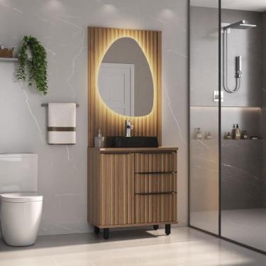 Imagem de Conjunto Cecília 80 com Pés Painel Ripado Espelho LED Cuba Preta - Fab