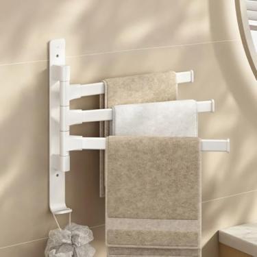 Imagem de Suporte de toalha giratório 180° para banheiro, cabide de toalhas de alumínio, organizador multifuncional para acessórios de banheiro, branco, com três barras