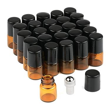 Imagem de Wresty 25 frascos de rolo de vidro de óleo essencial, minúsculos, recarregáveis, vazios, aromaterapia, perfume, líquido, âmbar, vidro, rolo, frascos, frascos de metal (1 ml)