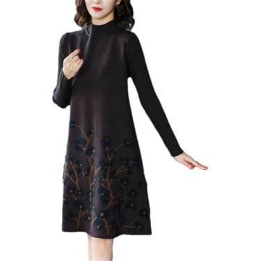 Imagem de Vestido De Suéter De Malha Feminino Primavera Outono Longo Decote Redondo Manga Comprida Pulôver, Coffee Color, XXL