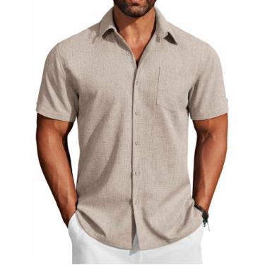 Imagem de Camisa COOFANDY de manga curta com botões para homens de linho cáqui