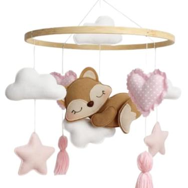 Imagem de Móbile Baby Berço Raposinha, Decorativo em Feltro, Rosa e Branco, com Nuvens, Estrelas e Corações, Artesanal para Quarto de Bebê Menina