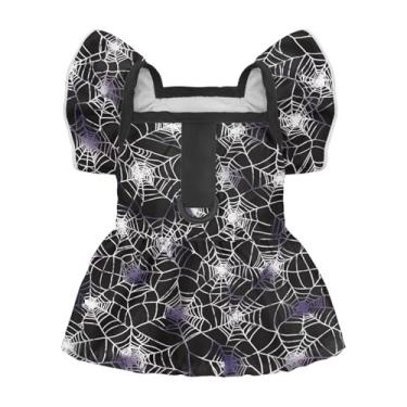 Imagem de Bivxisrvo Vestido de Halloween para cães com mangas esvoaçantes e anel em D macio e confortável vestido de verão de teia de aranha para chihuahua, saia leve para filhotes, roupa de praia e aniversário