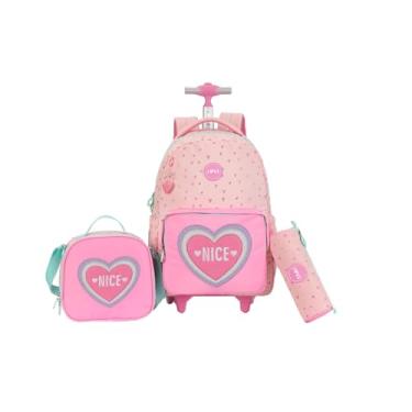 Imagem de kingdisen Wheels Mochila infantil com rodinhas para bagagem primária, mochila escolar com lancheira, conjunto de 3 peças, Coração, rosa, Large, Divertido e fofo
