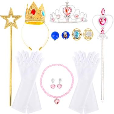 Imagem de Swakuta 10 Pcs Princess Dress Up Accessories Set Includes Tiara Crown Headband, Wand, Gloves, Necklace, Earrings and Brooch for Girls Peach Princess Costume Halloween Cosplay Party Favor