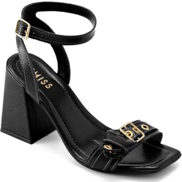 Imagem de Sandália Feminina Lumiss Salto Alto Bloco Bico Quadrado Fivela Ilhós Metal preto37