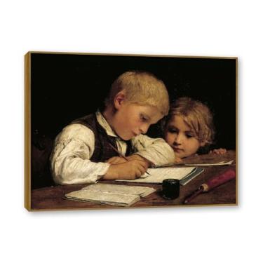 Imagem de Moldura externa de teca. Famosas pinturas a óleo, (Um menino escrevendo uma carta) por Albrecht Anker, reprodução impressa em tela, arte de cenário para decoração de sala de estar. 40 x 50 cm - 15,8 x