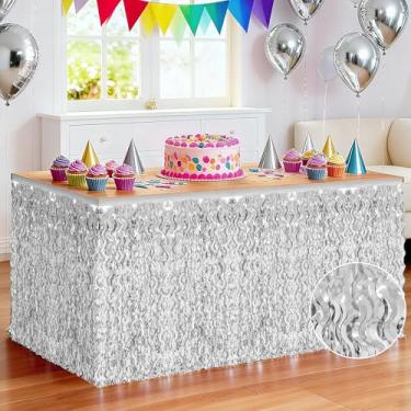 Imagem de Pacote com 2 saias de mesa prateadas, saia de grama metálica para mesa, saias de mesa com franja ondulada de aniversário, saias de cortina de mesa de grama para decoração de festas internas de Natal