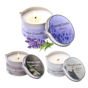 Imagem de Pacote com 3 velas de massagem, cera de soja perfumada, óleo corporal para spa doméstico, infundido com óleo de coco Nourishg (lavanda, capim-limão, vestidinho preto)