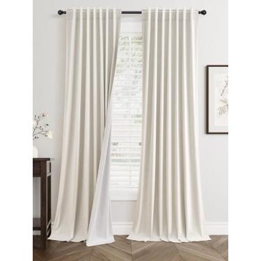 Imagem de Cortinas blackout creme de 3,5 m de comprimento para quarto, 2 painéis, boho, cortinas 100% pretas para sala de estar, redução de ruído térmico, bloqueio de luz, cortinas de linho rústicas country 3 m