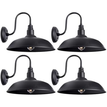 Imagem de Grande luz preta de celeiro pescoço de ganso para casa de fazenda, luzes de parede externas com cúpula de 40,6 cm para varanda, pacote com 4 luminárias externas com braço de pescoço de ganso para