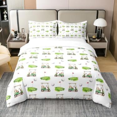 Imagem de Erosebridal Jogo de cama com estampa de golfe, 100% algodão, carrinhos de casal para crianças, meninos, meninas, buraco de golfe, jogos de bola, entretenimento, roupa de cama verde