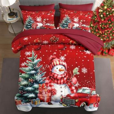 Imagem de WeCozy Conjunto de edredom de Natal King Size com 2 fronhas e 2 fronhas, vermelho fofo boneco de neve para crianças e adultos, lençol de cima com lençol de cima