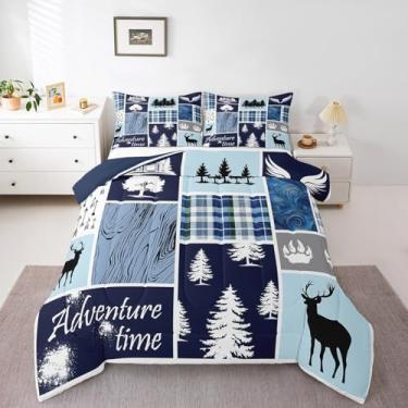 Imagem de Conjunto de cama rústico com alce, alce, urso, cervo, para crianças, adultos, homens, mulheres, azul, patchwork, quadriculado, bosque, pinheiro, cabana