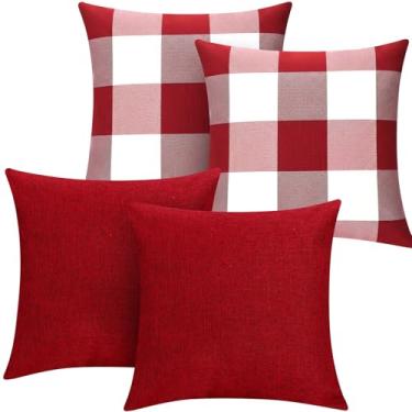 Imagem de Breling Conjunto de 4 capas de almofada xadrez xadrez Farmhouse Buffalo para decoração de Natal, Dia das Bruxas, Ação de Graças, cama de carro, sofá, 45 x 45 cm (vermelho, branco e vermelho puro)