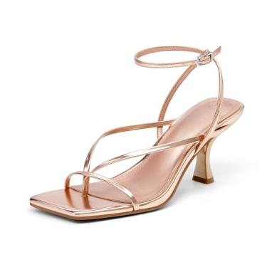 Imagem de PiePieBuy Sandálias femininas de salto alto quadradas com cadarço, sapatos de festa com tiras, Champanhe dourado, 38