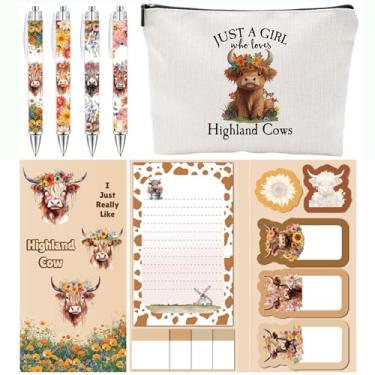 Imagem de Material escolar para meninas, bonito conjunto de papelaria de vaca Highland com estojo, conjunto de canetas e notas adesivas, presentes de vaca fofa, lembrancinha de festa para meninas, artigos de