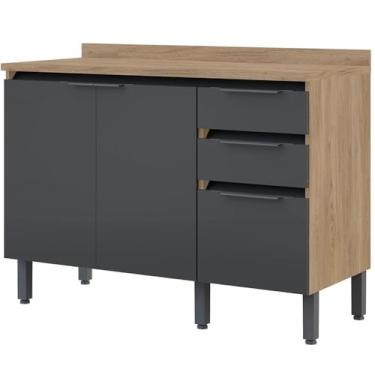 Imagem de Balcão de Cozinha Com Tampo Organizador Multiuso 3 Gavetas 2 Portas Hibisco Marrom Grafite