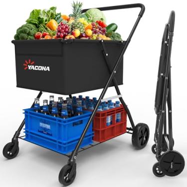 Imagem de Carrinho de compras dobrável de 2 camadas resistente com rodas – carrinho de compras à prova d'água de camada dupla, design portátil para lavanderia, armazenamento e transporte, capacidade de 68 kg