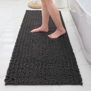 Imagem de ILANGO Tapetes de banheiro cinza escuro 152 x 61 cm, tapetes de banho de chenille absorventes extramacios, tapete de banho grosso, antiderrapante, felpudo, lavável na máquina, tapetes de banho de