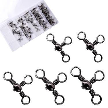 Imagem de balifly 50 peças 3 vias rolamento de esferas giratórias kit de equipamentos de pesca barril gira kit de equipamentos de pesca para Crankbaits Sinker Weights Connectors água salgada FS/ZH-04 (preto, 4