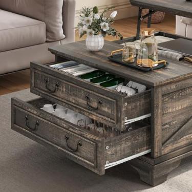 Imagem de MOASIS Mesa de centro quadrada de 80 cm com mesa elevatória, mesa de centro de fazenda para sala de estar, escritório em casa, mesa central com gavetas de armazenamento e compartimento oculto,