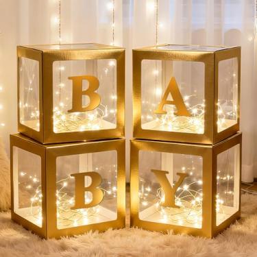 Imagem de Lovelite Caixas de bebê com letras para chá de bebê, 4 caixas transparentes para balões de bebê com cordão de luzes de LED para decoração de revelação de gênero para meninos, meninas, aniversário