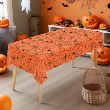 Imagem de Toalha de mesa de Halloween, castelo de caveira de 137 × 183 cm e teia de aranha amarela de 137 × 274 cm, capa de mesa descartável de plástico, decorações de festa de aniversário de Halloween para