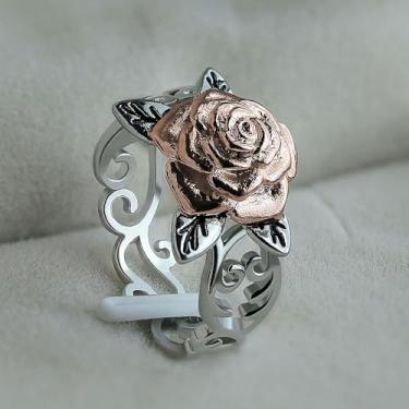 Imagem de Delicados anéis de flores rosas para mulheres, diariamente, estilo metálico discreto, joia de dedo para noivado, 7, Latão, Sem pedra preciosa