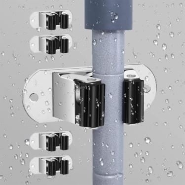 Imagem de Suporte para esfregão e vassoura, suporte de parede, de aço inoxidável, resistente, organizador de vassouras, lavanderia, casa, jardim, garagem, armazenamento e organização (prata)