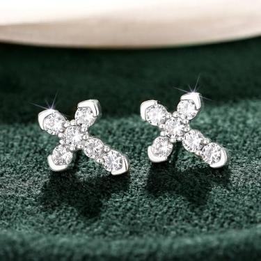 Imagem de Brincos delicados em forma de cruz com zircônia cúbica redonda joia feminina, 0.6, Latão, Zircônia cúbica