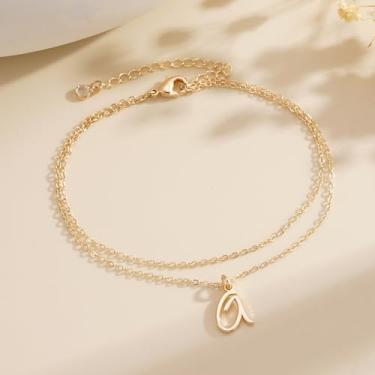 Imagem de Tornozeleiras banhadas a ouro 14K para mulheres - tornozeleira de aço inoxidável A-Z com pingente de símbolo inicial de A-Z, hipoalergênica, impermeável, aniversário, Natal, mãe, avó, 7, Latão, Sem