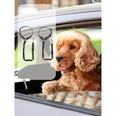 Imagem de Pacote com 2 arreios para animais de estimação, cinto de segurança ajustável para carro, coleira 2 em 1 com costura refletiva, faixa elástica, preta